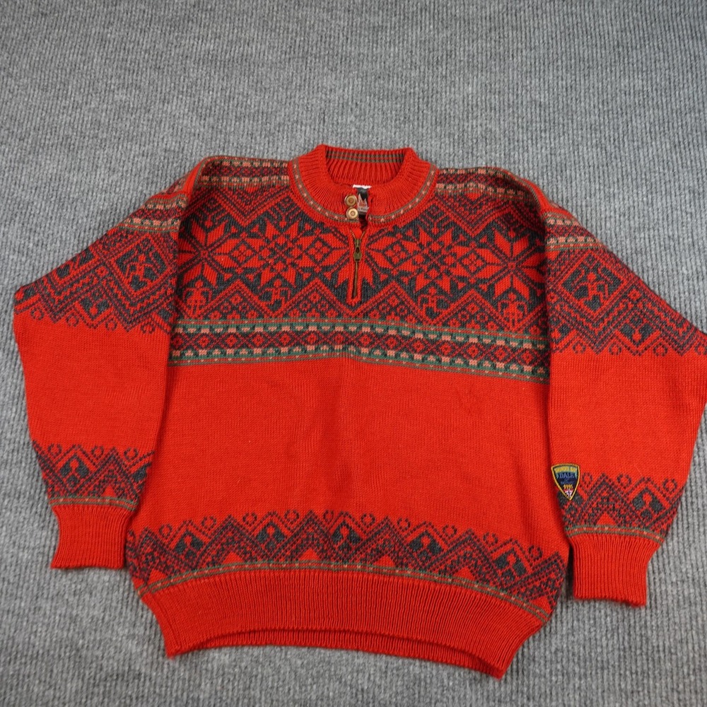 Vintage Dale of Norway Mens Large Red 1/4 Zip Fair Isle Wool Sweater Thunder Bay